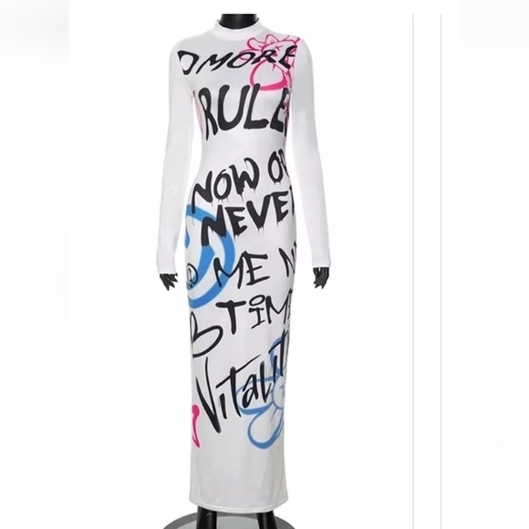 Half Heart Long Sleeve Bodycon Midi Maxi Dress Graphic Print Stretchy White - Picture 1 of 12